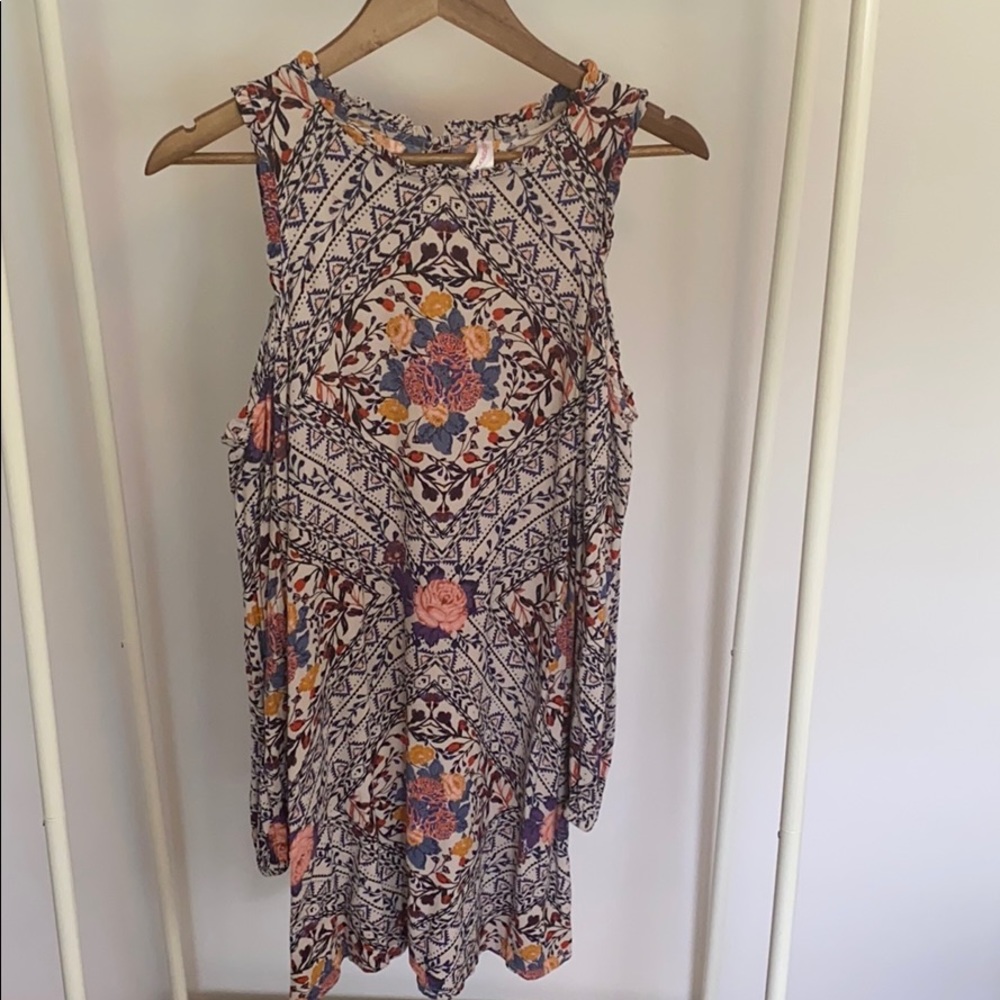 Floral/Aztec Print peep shoulder Dress